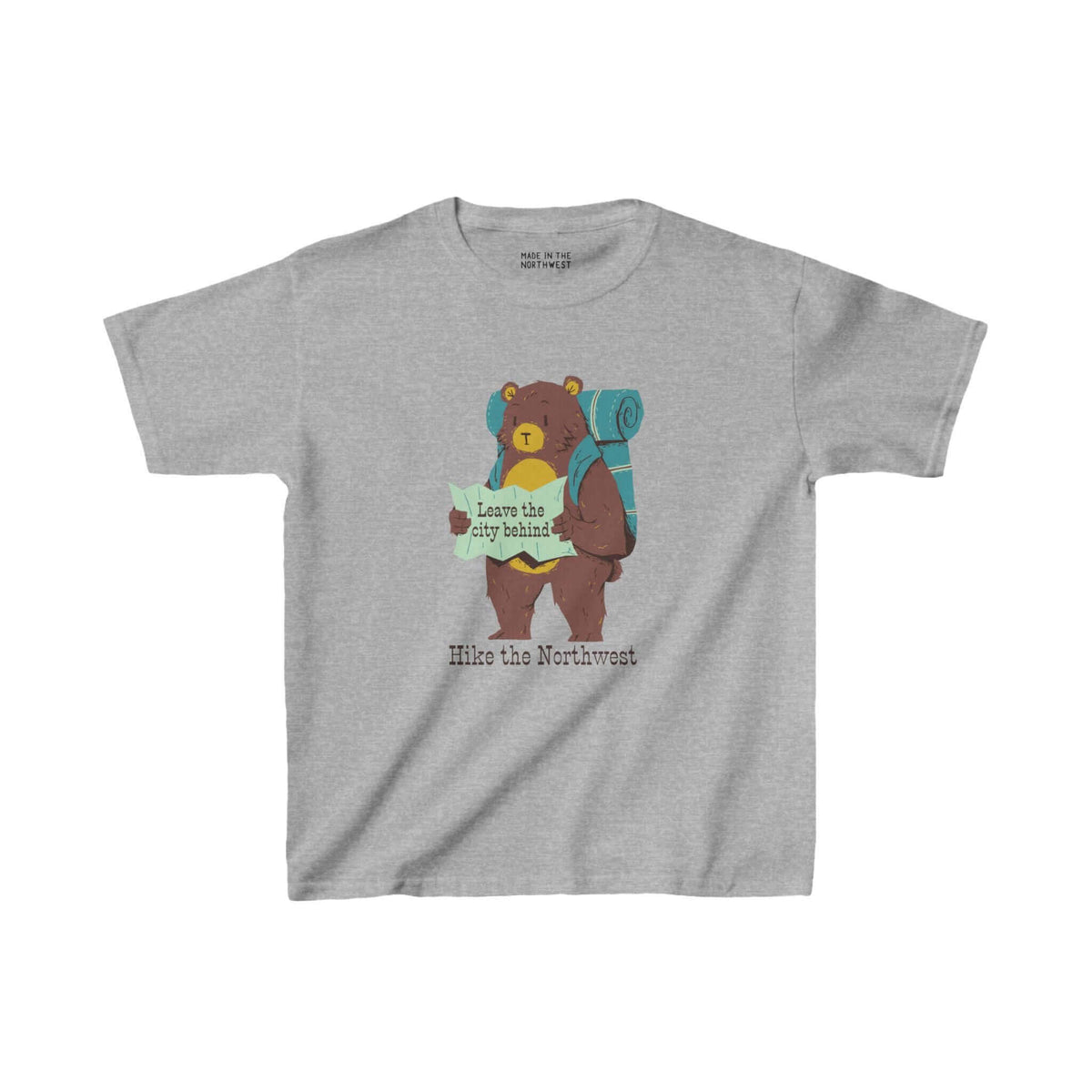 Kids' tee featuring a bear with backpack and map, promoting outdoor adventure in the Northwest. Perfect for young explorers.