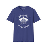 Lumberjack of All Trades softstyle t-shirt in navy blue featuring axe graphics.
