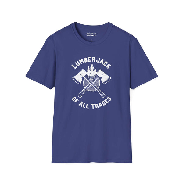 Lumberjack of All Trades softstyle t-shirt in navy blue featuring axe graphics.