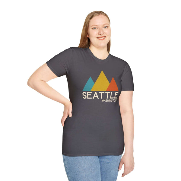 Modern Peaks Seattle T Shirt featuring a stylish mountain design and Seattle text on a gray background.