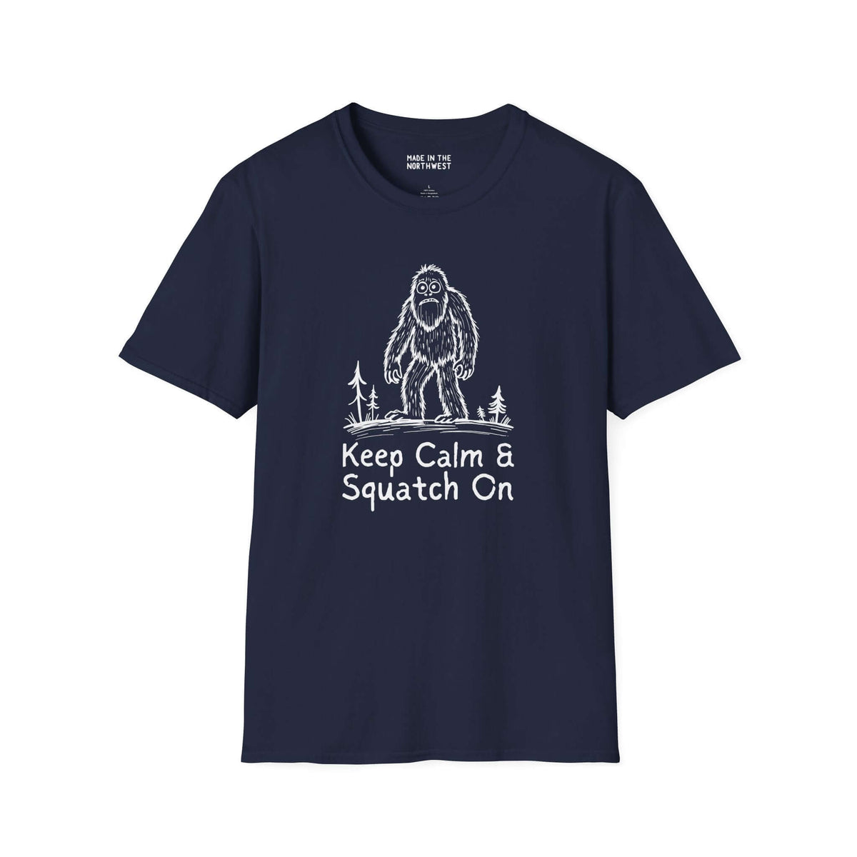 Keep Calm & Squatch On Bigfoot Softstyle T-Shirt in navy, featuring a Sasquatch graphic and forest elements.