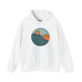 Pacific Peaks Modern Circle Hoodie with mountain scene design on a white background, inspired by the Pacific Northwest.