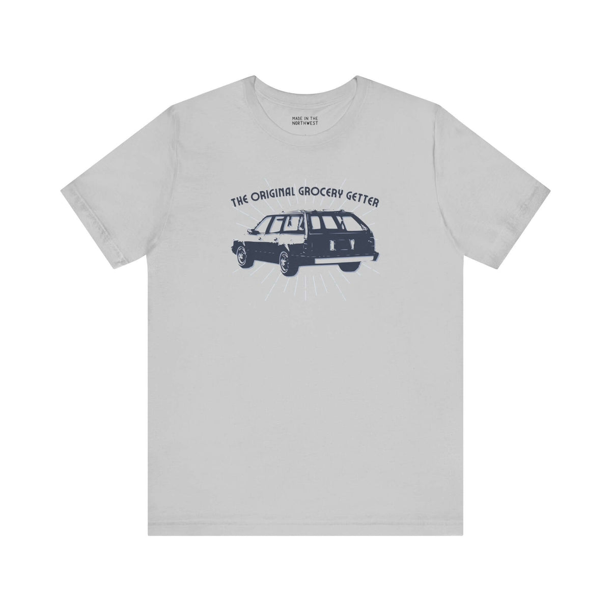 Gray tee featuring The Original Grocery Getter design with an iconic 80s Oldsmobile wagon illustration.