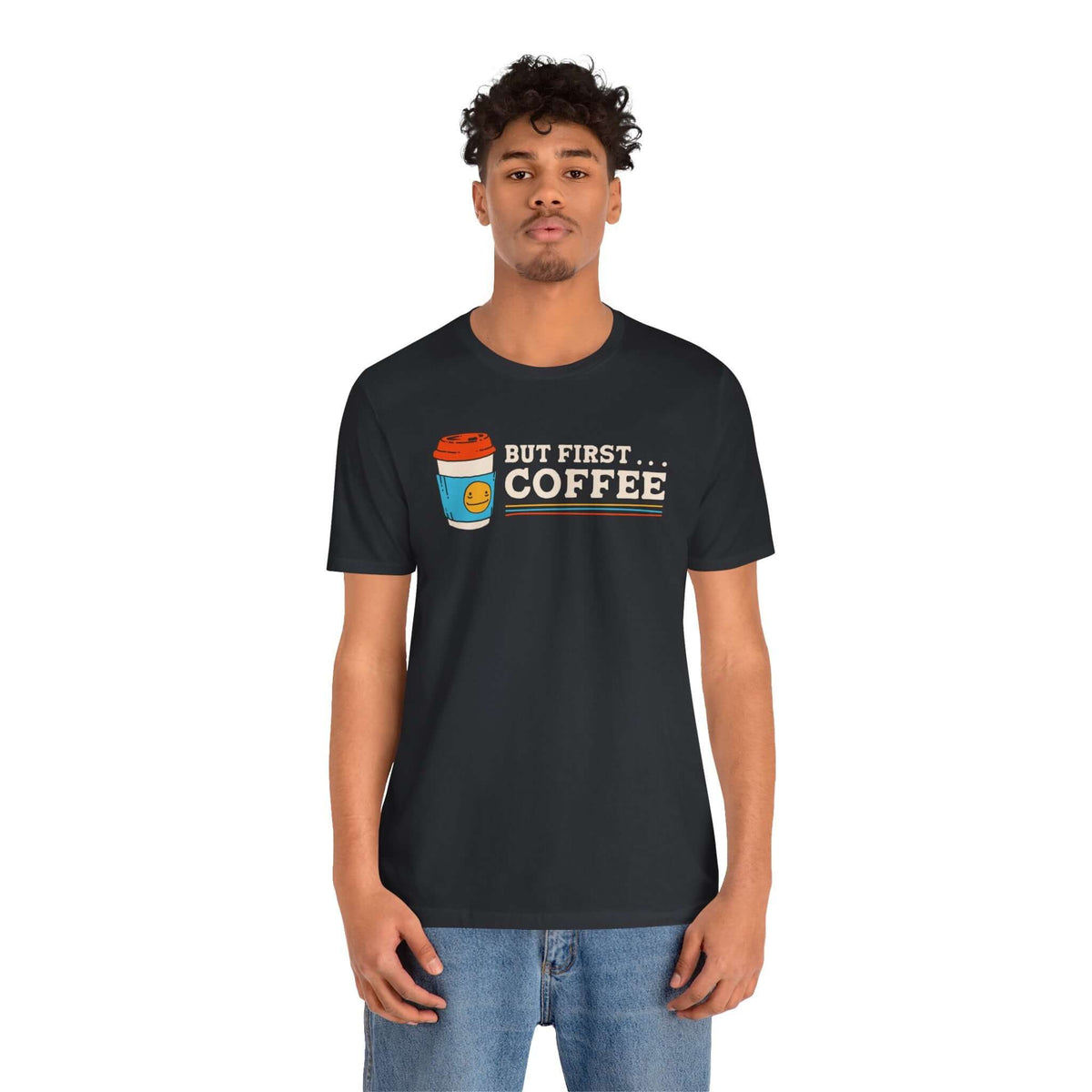 But First Coffee T Shirt – Minimalist Morning Ritual Tee worn by a young man, featuring a coffee cup graphic.