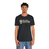But First Coffee T Shirt – Minimalist Morning Ritual Tee worn by a young man, featuring a coffee cup graphic.