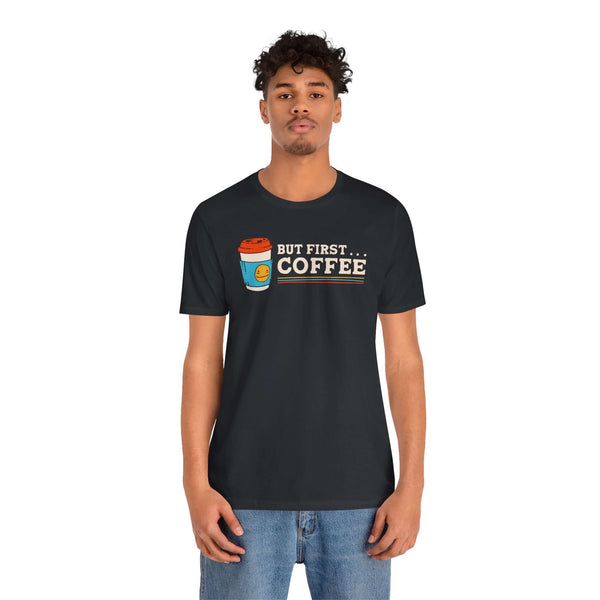But First Coffee T Shirt – Minimalist Morning Ritual Tee worn by a young man, featuring a coffee cup graphic.