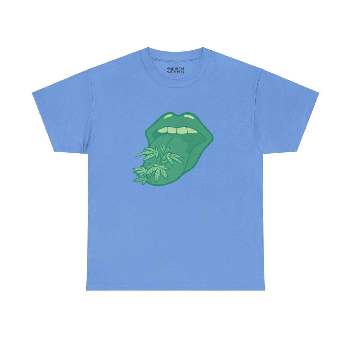 Blue athletic tee with a green tongue design featuring marijuana leaves, from the 'Tongue Tied and Lifted' collection.