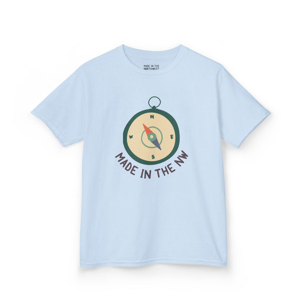 Light blue kids tee featuring 'Made in the NW' and a compass design, celebrating Pacific Northwest pride.
