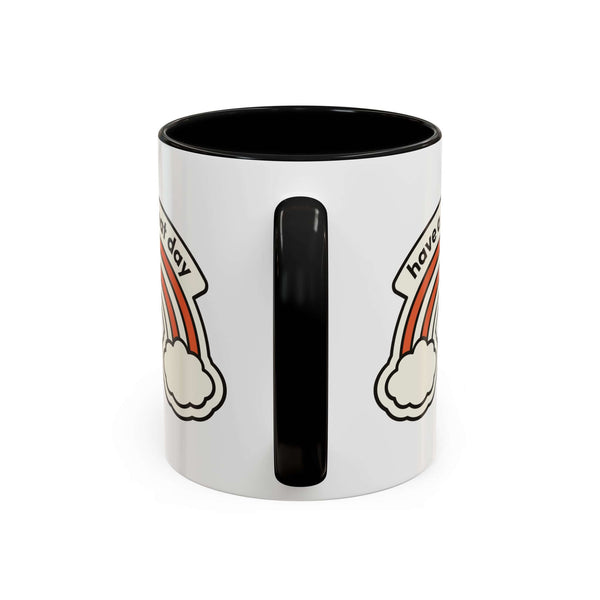 Have a Great Day Mug showcasing a retro design with rainbow, clouds, and a black handle for vibrant mornings.