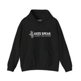 Axes Speak Louder Than Words unisex hoodie featuring a lumberjack graphic, perfect for outdoor enthusiasts.