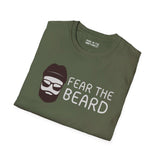 Fear the Beard Lumberjack Softstyle T-Shirt in olive green with a beard graphic and bold text.