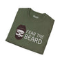 Fear the Beard Lumberjack Softstyle T-Shirt in olive green with a beard graphic and bold text.