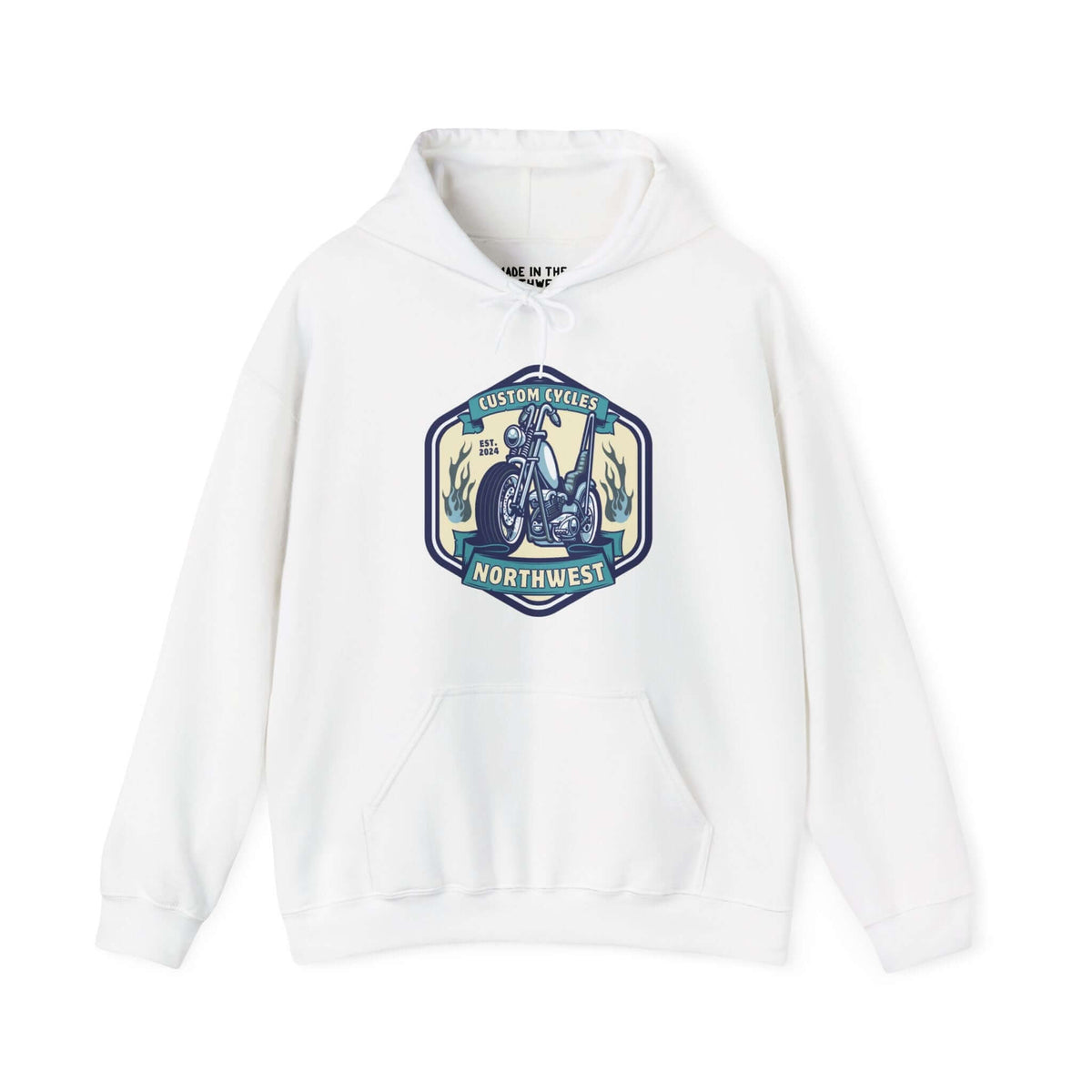 White Custom Cycles Northwest hoodie with motorcycle design for motorcycle enthusiasts.