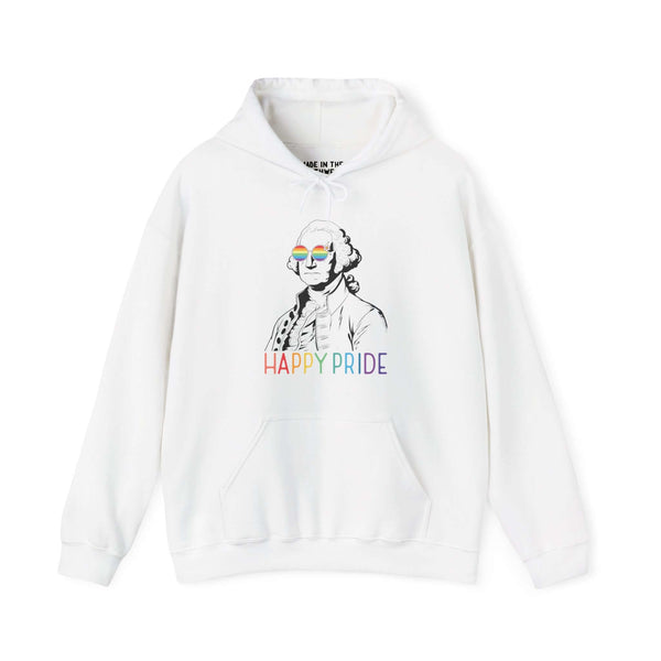 White "Happy Pride" hoodie featuring George Washington with rainbow glasses and colorful lettering, supporting love and inclusivity.