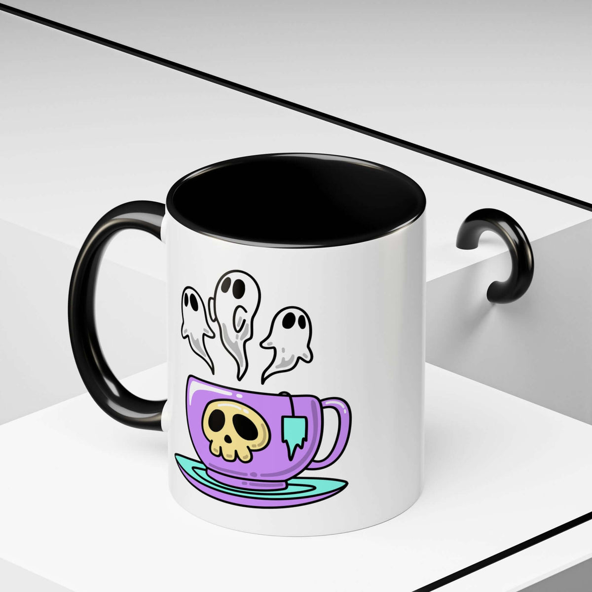 Let's Have a Spooky Tea Mug with playful skull and ghost design on a ceramic teacup.