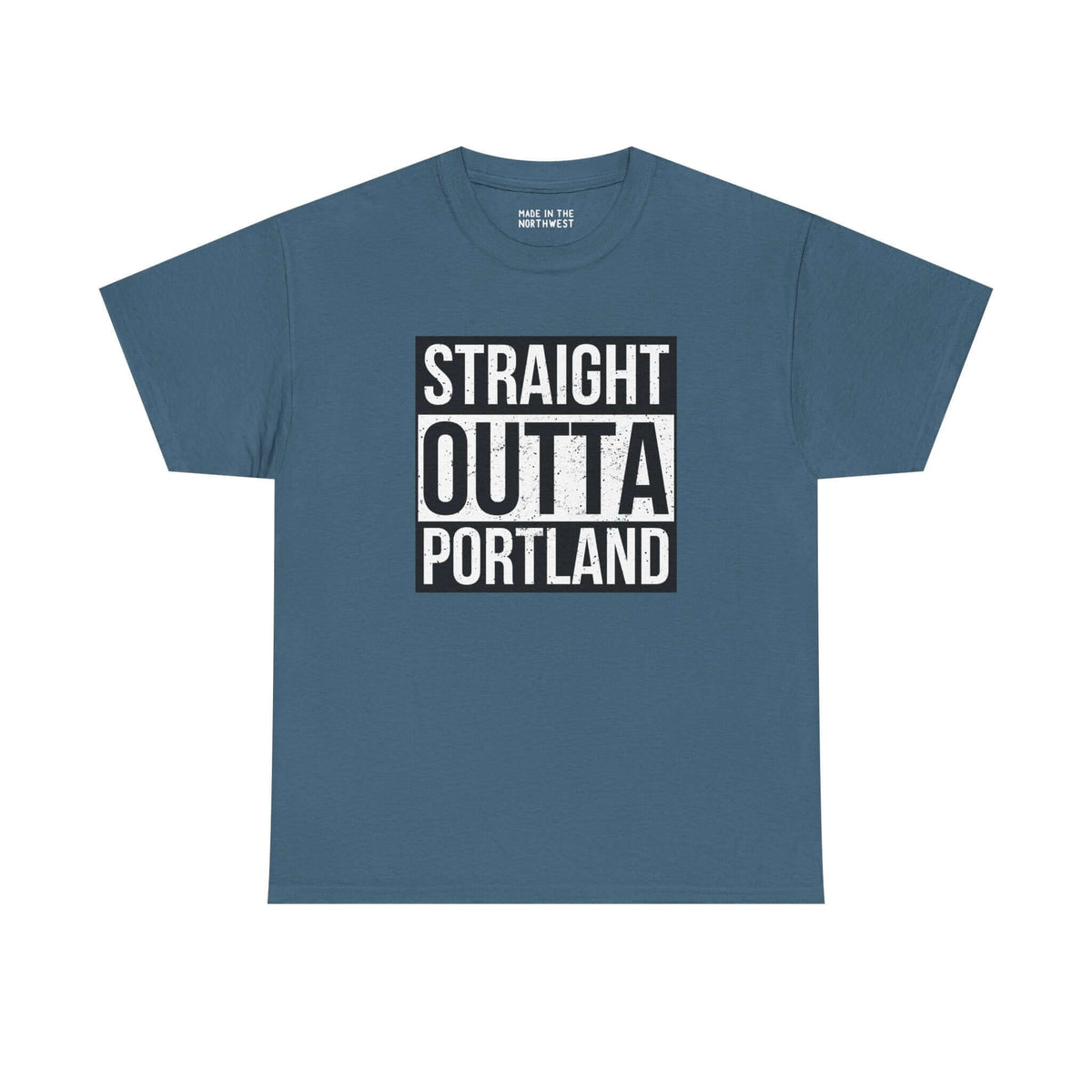 Straight Outta Portland athletic tee in blue, featuring bold graphic design, perfect for showcasing local pride.