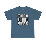 Straight Outta Portland athletic tee in blue, featuring bold graphic design, perfect for showcasing local pride.