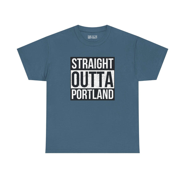 Straight Outta Portland athletic tee in blue, featuring bold graphic design, perfect for showcasing local pride.