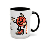 Merry Creepmas Mug featuring a playful pumpkin character holding a candy cane in festive colors.