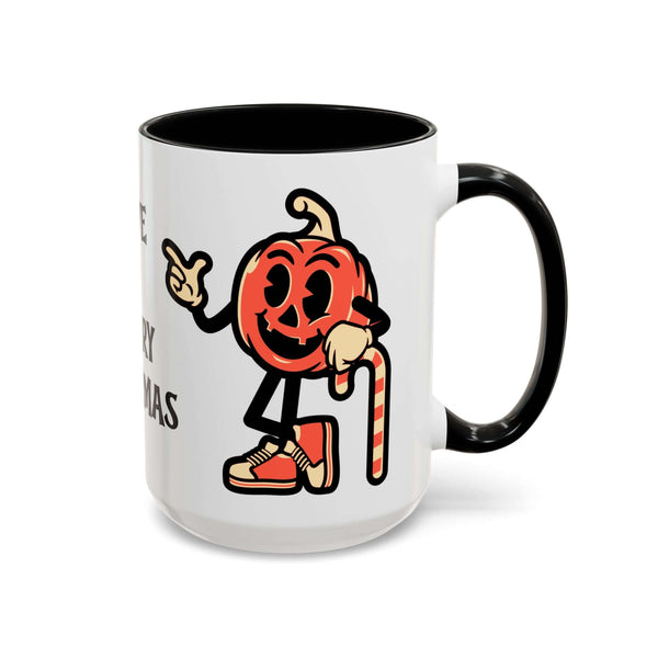 Merry Creepmas Mug featuring a playful pumpkin character holding a candy cane in festive colors.