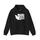 Black From the 206 hoodie featuring Washington state outline and Seattle star, perfect for cozy PNW style.