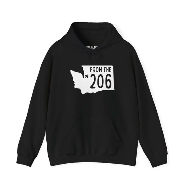 Black From the 206 hoodie featuring Washington state outline and Seattle star, perfect for cozy PNW style.