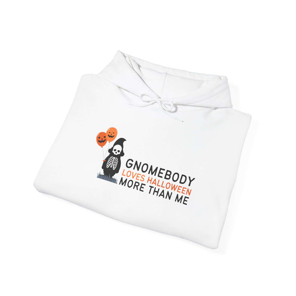 Gnomebody Loves Halloween More Than Me hoodie with a skeleton gnome and Halloween balloons, perfect for spooky season.