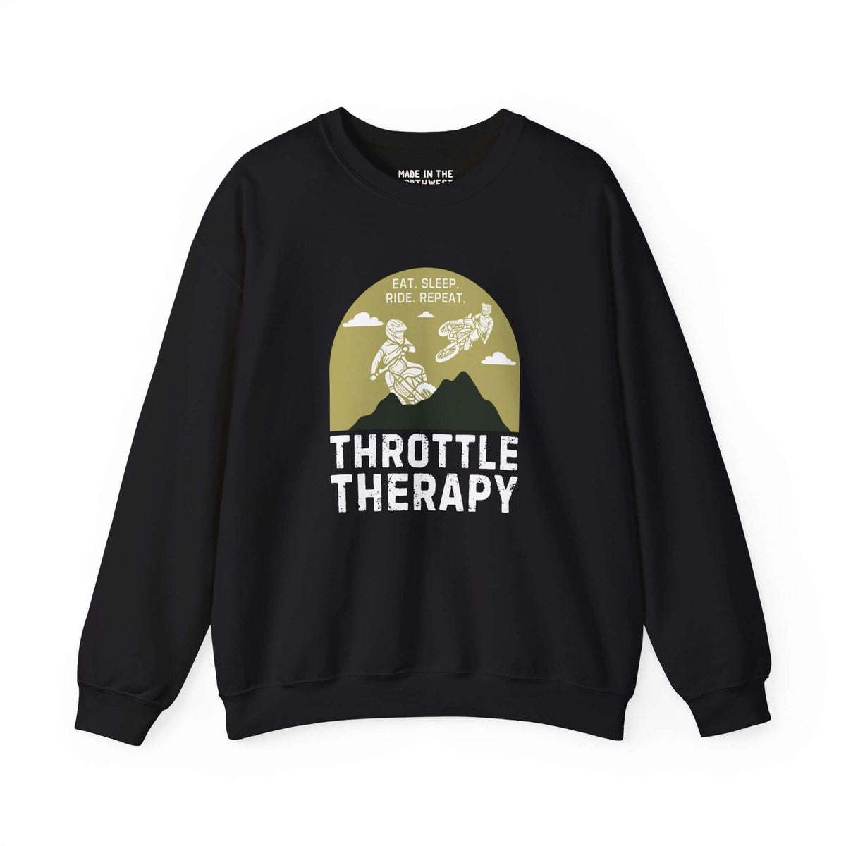 Black "Throttle Therapy" sweatshirt featuring dirt bikers and a mountain motif, perfect for motocross enthusiasts seeking adventure.