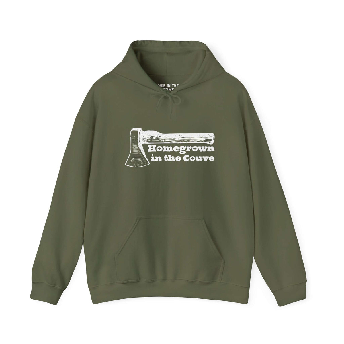 Homegrown in the Couve hoodie with axe design, showcasing Vancouver pride and rustic craftsmanship in green sweatshirt.