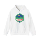 White hoodie with Tacoma Washington retro badge, trees, and sun design, showcasing Northwest outdoor charm.