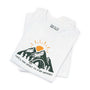 Life's Too Short to Stay Indoors premium soft tee with mountain and sun design, perfect for outdoor enthusiasts.