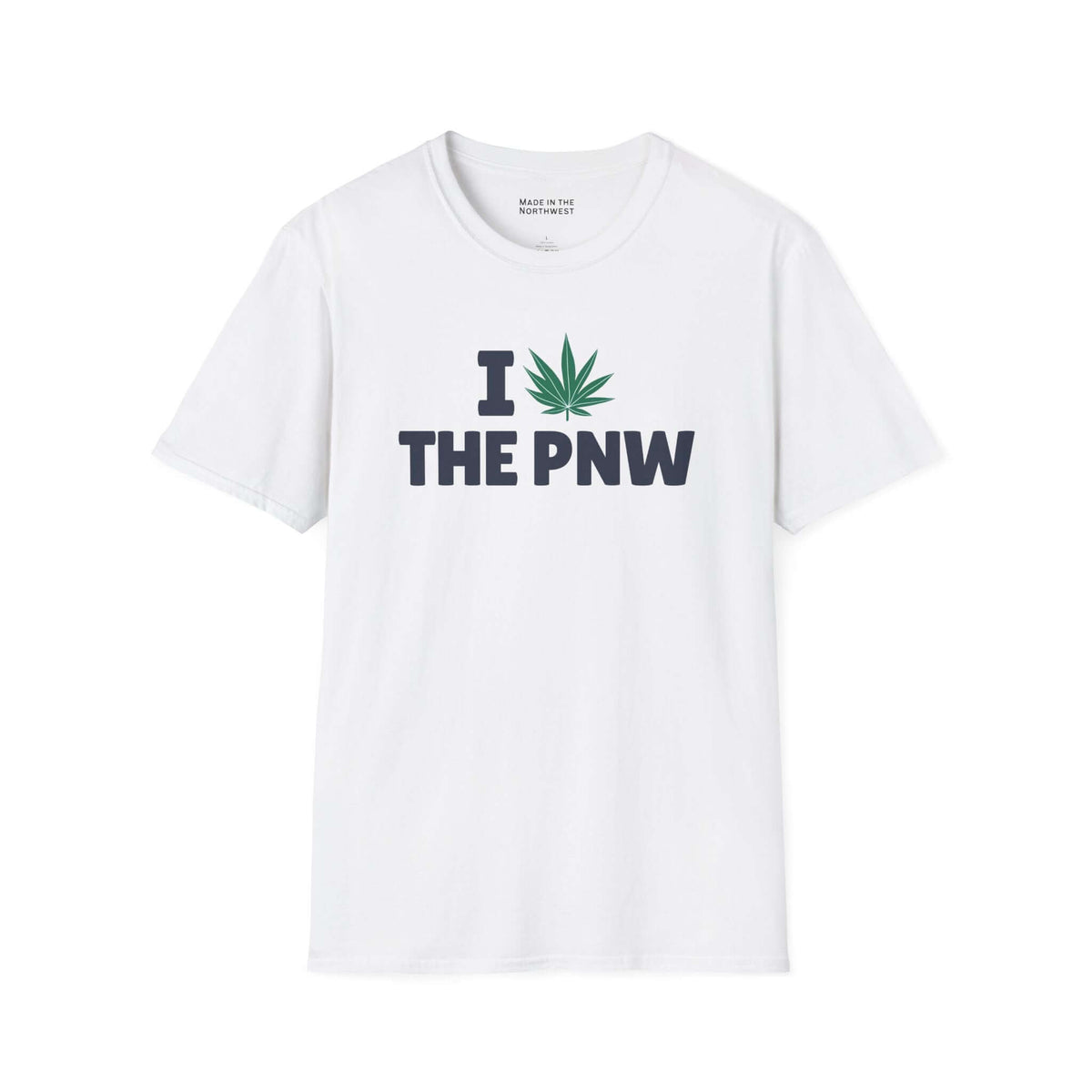 I Marijuana the PNW T Shirt featuring a bold marijuana leaf graphic on a white cotton tee.