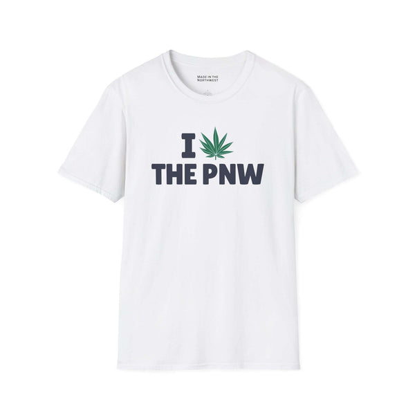 I Marijuana the PNW T Shirt featuring a bold marijuana leaf graphic on a white cotton tee.