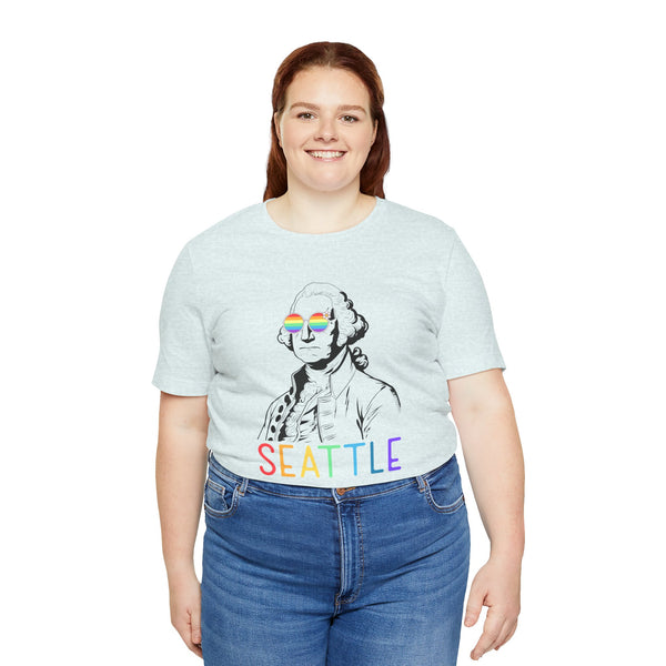 George's Rainbow Vision Seattle tee with George Washington in rainbow glasses and colorful 'Seattle' text.
