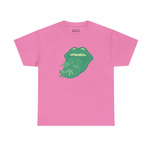 Tongue Tied and Lifted athletic tee featuring a green mouth graphic with marijuana leaves on a pink background.