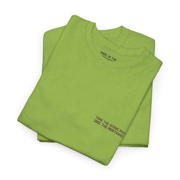 Lime green "Take the Scenic Route" athletic tee for hiking enthusiasts, showcasing front and back prints. Perfect for outdoor adventures.