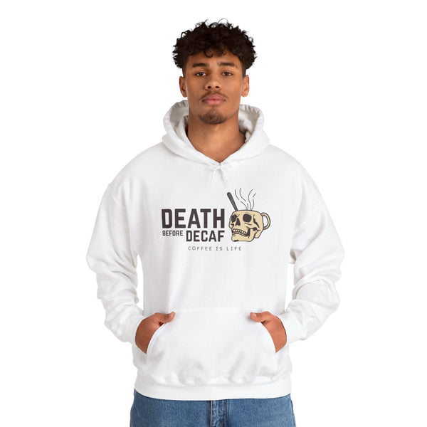 Death Before Decaf hoodie featuring a skull coffee mug design, perfect for coffee lovers who cherish caffeine.
