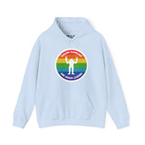 Light blue hoodie with rainbow circle and Sasquatch graphic, text 