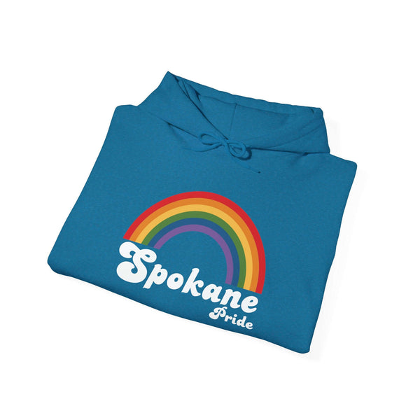Spokane Pride hoodie featuring a colorful rainbow design, symbolizing love and inclusivity.
