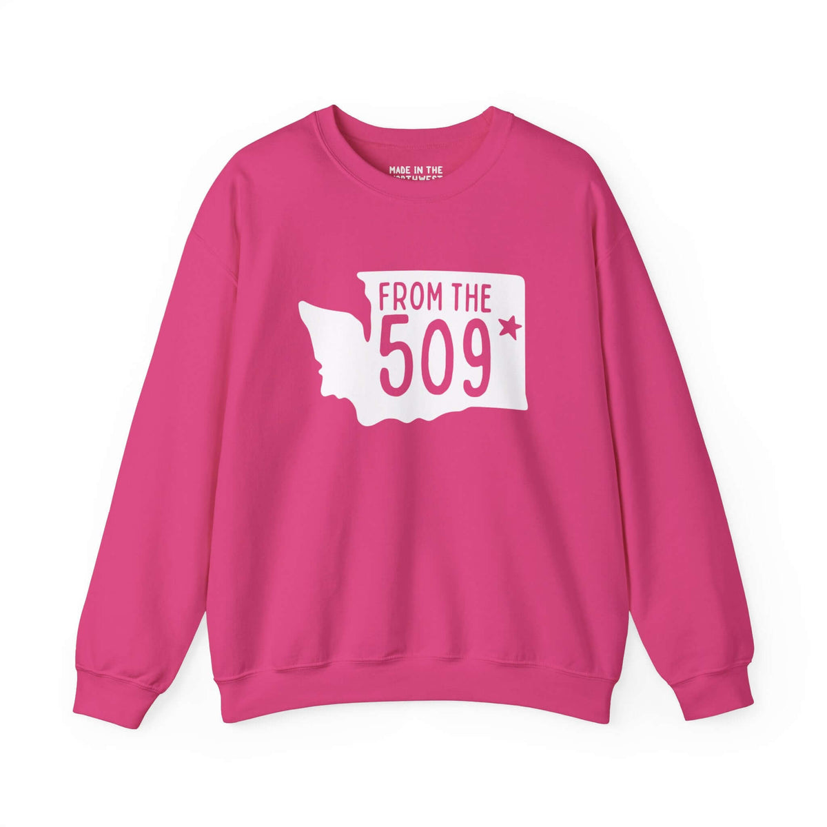 Pink "From the 509" sweatshirt with Washington state silhouette and Spokane star, showcasing local pride and area code.