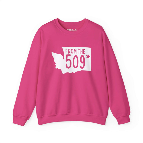 Pink "From the 509" sweatshirt with Washington state silhouette and Spokane star, showcasing local pride and area code.