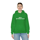 Eco-friendly green hoodie saying 'spicy portland mom' perfect for stylish moms in Portland.