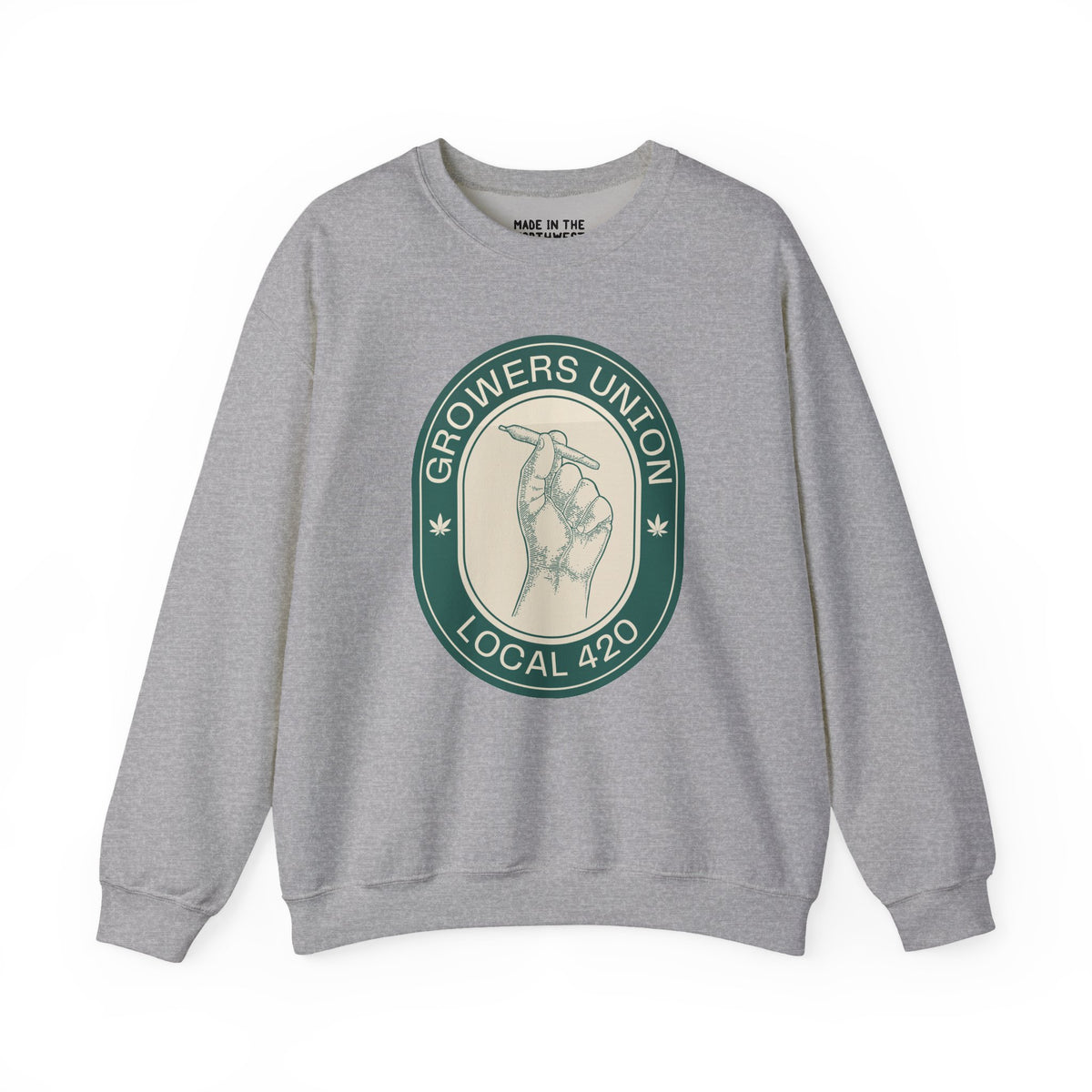 Grower's Union Local 420 cozy sweatshirt featuring a hand holding a joint design, perfect for 420 culture enthusiasts.