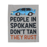 People in Spokane Don't Tan They Rust Lightweight Cozy Blanket featuring a vintage car design.