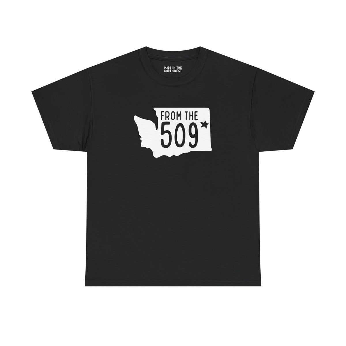 Black athletic tee featuring Washington state shape and 'From the 509' text, celebrating Spokane pride.
