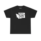 Black athletic tee featuring Washington state shape and 'From the 509' text, celebrating Spokane pride.