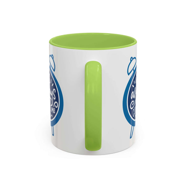 It's Always Coffee Time Mug with green interior and handle, featuring playful blue clock graphic.