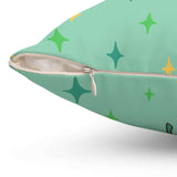 Close-up of a zipper on the Puff Puff Pass Pillow, showing the vibrant green fabric and star patterns.
