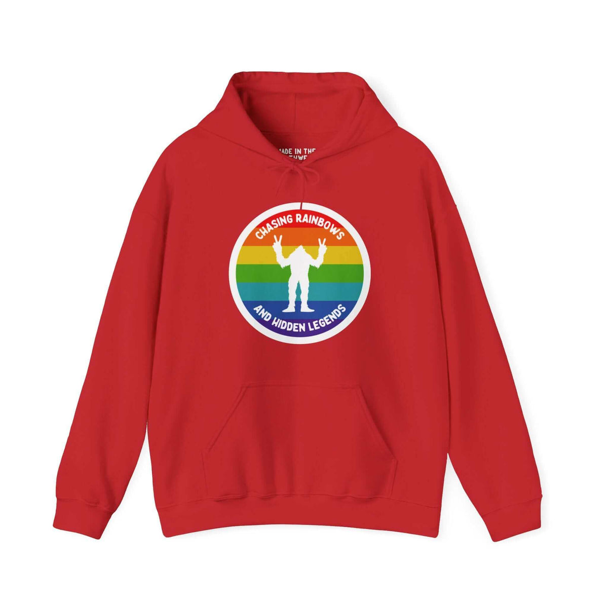 Red Sasquatch hoodie with rainbow circle and "Chasing Rainbows and Hidden Legends" design, showcasing PNW spirit.