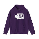 Purple From the 206 hoodie featuring Washington state outline and star marking Seattle.